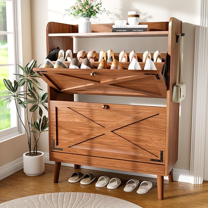Shoe Storage Cabinet with 2 Flip Drawers, Entryway Shoe Cabinet with 2 Metal Hooks & Adjustable Shelves Freestanding Shoe Organizer Narrow Shoe Rack for Entrance Hallway Foyer Front Door,Walnut