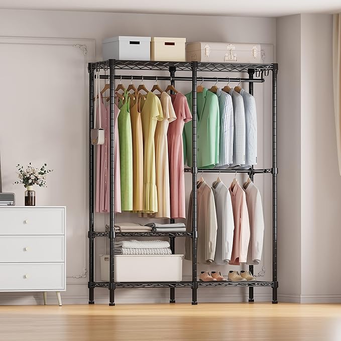 H18 Garment Rack for Hanging Clothes, 3 Tiers Portable Closet with 2 Hanger Rods, Freestanding Clothes Rack, 44.9" W x 14.6" D x 76.4" H, Max Load 600lbs, Black