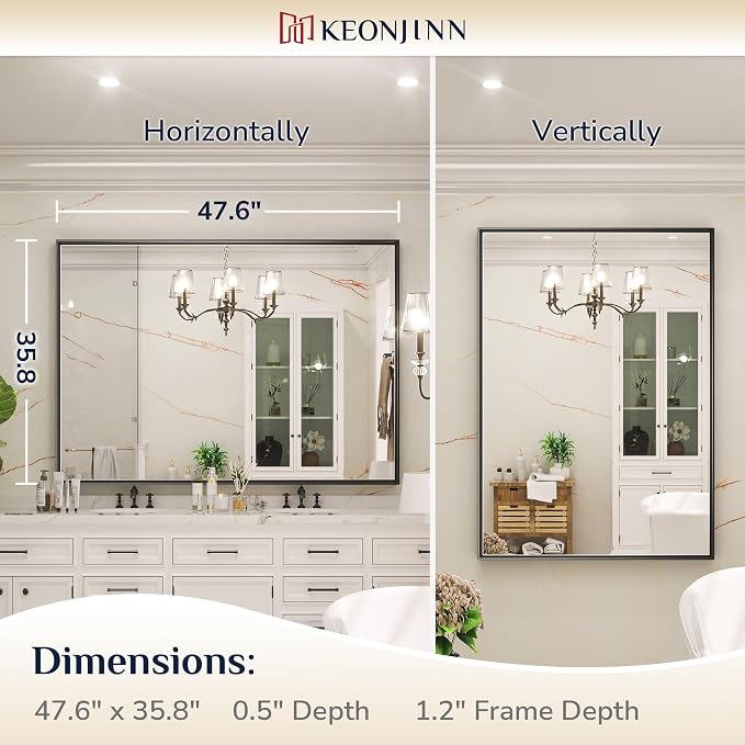 Keonjinn 48 x 36 Inch Black Bathroom Mirror, Large Rectangle Mirror for Vanity, Matte Black Metal Framed Farmhouse Mirrors, Square Corner Rectangular Wall Mirrors for Over Sink(Horizontal/Vertical)