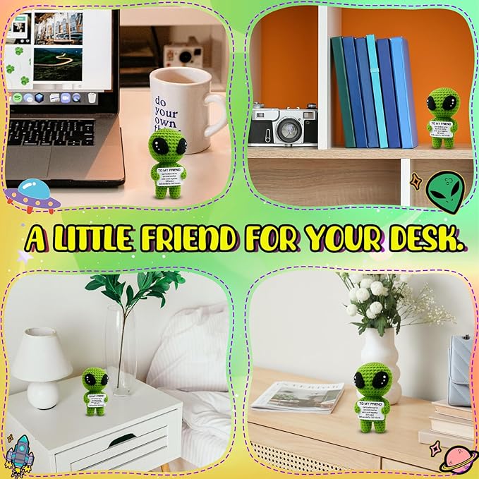 To My Friend Galentines Day Funny Gifts – Handmade Crochet Alien Plush with Special Friendship Message Card – Birthday, Valentines, or Just Because Present for Best Friend, Roommate, or Coworker