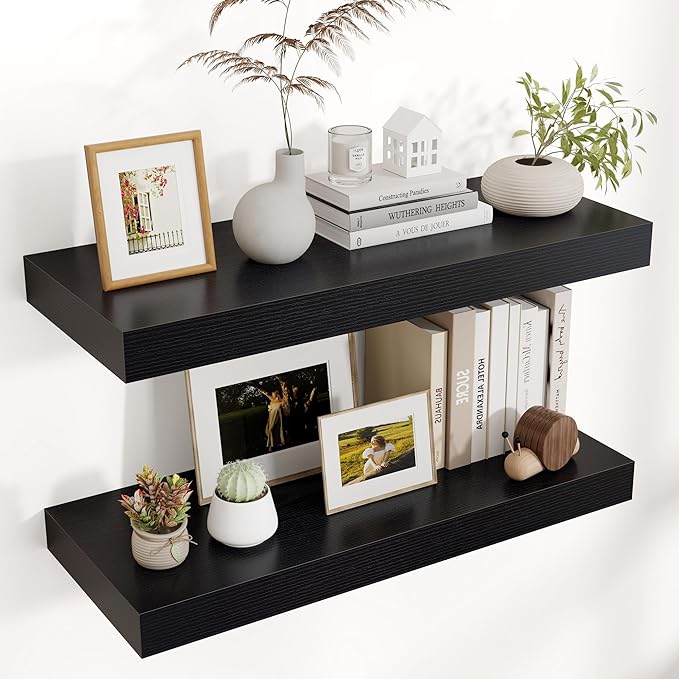 Venusmiles Floating Shelves for Wall, 30" W x 12" D x 2" H, 2 Pack of Long Wall Mounted Engineered Wood Shelves with Invisible Brackets for Living Room, Bedroom, Bathroom, Kitchen Decor, Black