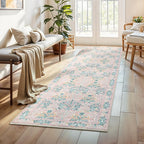 Lessymo Pink Runner Rug for Entryway, 2x6 Kitchen Rugs Non Slip Rubber Fuzzy Soft Washable Runners for Hallway, Faux Wool Small Floor Mat Bedroom Rug, Vintage Floral Design Decor, Pink Green
