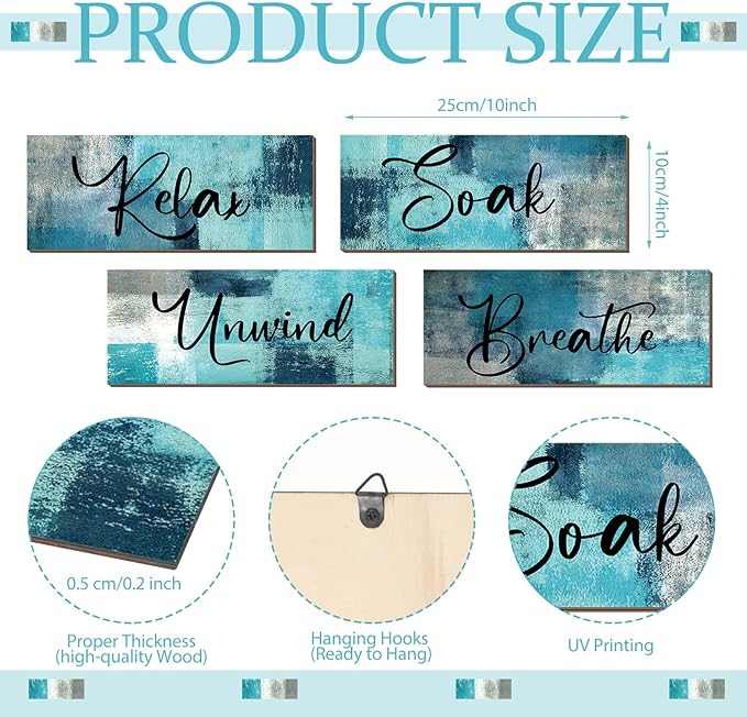 Maitys 4 Pcs Bathroom Wall Decor 10 x 4 Inch Bathroom Wall Art Contemporary Wood Restroom Pictures for Soak Unwind Relax Hanging Sign Spa Rustic Vintage Farmhouse Pediments(Turquoise and Grey)