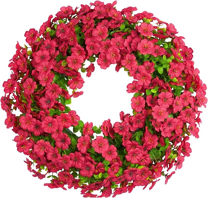 20 Inch Spring Summer Floral Wreath, Violet Artificial Silk Flowers with Green Eucalyptus Leaves, Farmhouse Faux Greenery Wreath for Front Door Outdoor Wall Wedding Home Decor