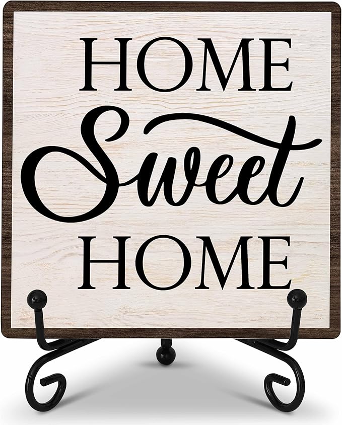 Home Sweet Home Decor, Kitchen Decor and Accessories, Farmhouse Wooden Plaque with Iron Stand for Living Room Desk Shelf Decor-A19