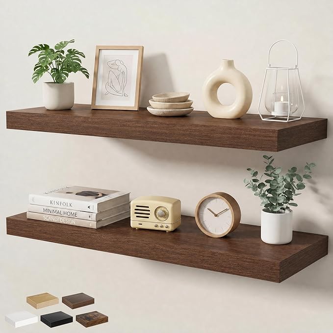 Floating Shelves for Wall 36 in x 9.3 in Deep, Wall Mounted Rustic Wood Shelf with Invisible Brackets for Storage & Display, Living Room Bedroom Bathroom, Walnut, 2 Pack