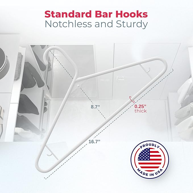 Neaties Plastic Hangers 20 Pack - Made in the USA - 6lb Capacity Standard Clothes Hangers with Strap Hooks for Dresses, Lingerie, Shirts, Pants, and Jackets - White & Blue