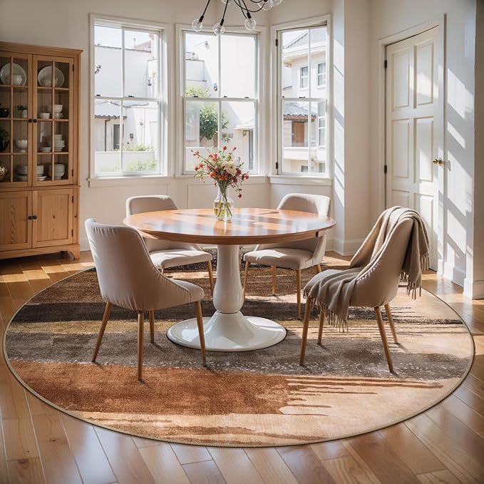 Ciicool 6ft Round Washable Rug, Modern Abstract Circle Rugs, Non-Slip Thin Lightweight Rug Brown Black Circular Print Distressed Carpet for Bedroom Living Room Under Dining Table Home Office Decor