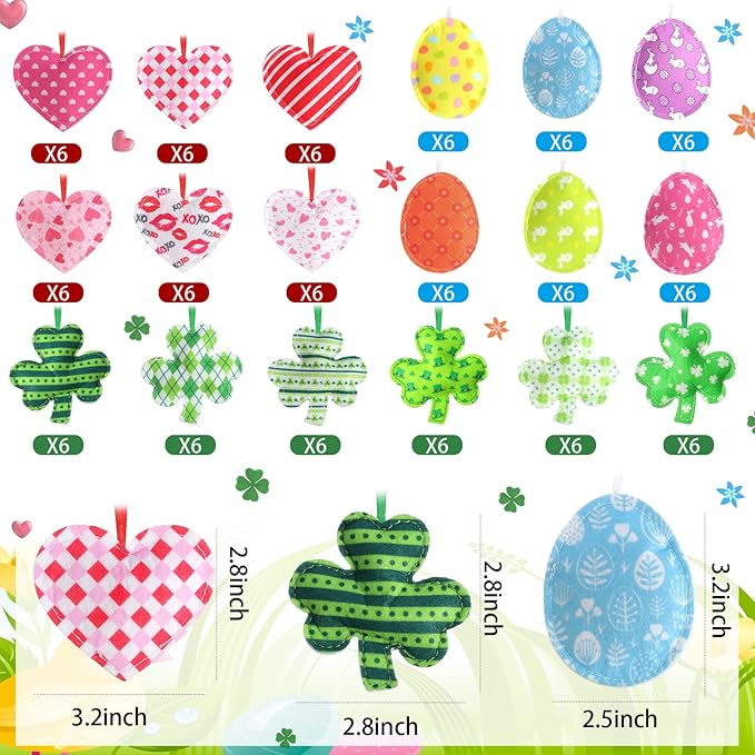 Jutom 108 Pcs Easter Egg Rabbit Ornaments Shamrock Felt Heart Hanging Ornaments Heart Shaped Clover Baubles Shamrock Egg Felt Decoration for Holiday Favor (Cute)