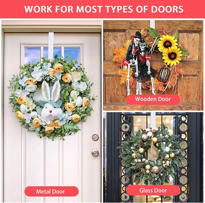 12” Metal Over The Door Wreath Hanger for Front Door – Non-Scratch Door Hook for Hanging Christmas Wreaths, Holiday Decor & Welcome Signs, Durable Wreath Hanger Hooks for Home Decoration, White