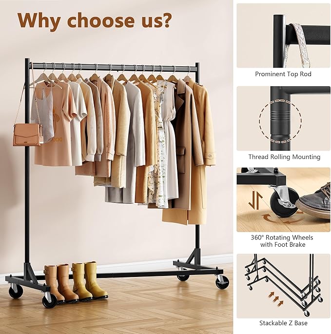 Hoctieon Z Rack, Rolling Clothes Racks with Z-Base, Heavy Duty Garment Rack, Clothing Racks for Hanging Clothes, Sturdy Metal Hanging Holder, Clothes Organizer Rack, Black