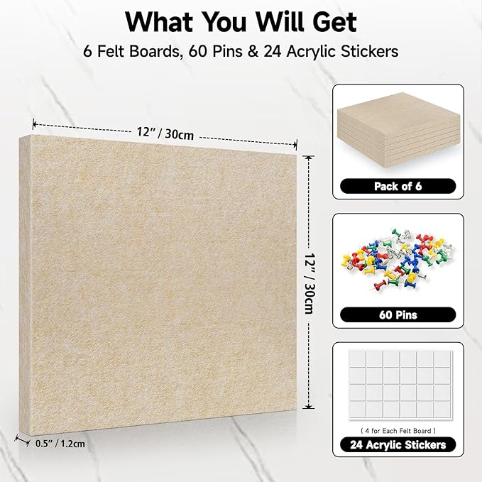 6 Pack Cork Board Felt Bulletin Board with 60 Push Pins, 1/2" Thick Pinboard Square Tiles for Wall Organizer - Home Office Classroom Decor, Photo Display, Memo Board (11.8"x11.8"- Beige)