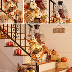 Valery Madelyn 24 inch Fall Pumpkin Teardrop Swag Autumn Harvest Door Hanger with Striped Bow, Mini Pumpkins, Eucalyptus, Raffia & Berry Sprays for Front Door, Mantel Thanksgiving Table Centerpiece