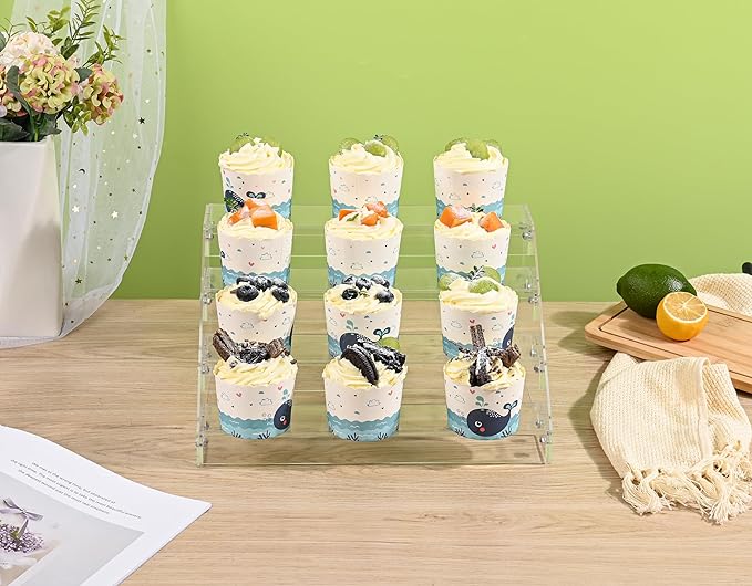 AISIDERK 12" Acrylic Riser Display Stands - 4 Tier Clear Acrylic Display Shelf, Double Sided Usable, Makeup Organizer Perfume Organizer, Acrylic Shelves for Funko Pop Figures , Cupcake, Candy Food