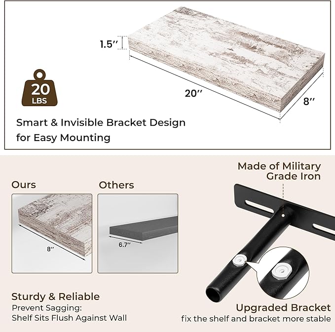 RICHFOCUS 20Inch Floating Shelves for Wall 2 Pack Shelves for Plant|Bedroom|Kitchen|Bathroom Rustic Wood Wall Mounted Shelf with Invisible Brackets for Books|Storage|Decor, Rustic White