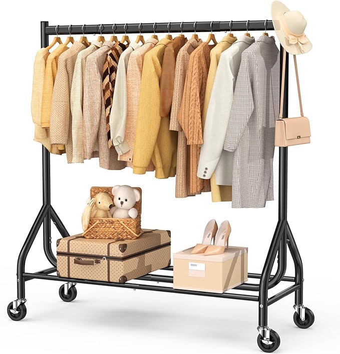 EAGMAK Heavy Duty Clothes Rack Load 420 LBS, 47.2" Long Rolling Garment Rack with Lockable Wheels, Standing Metal Clothing Hanger, Portable Wardrobe Sturdy Coat Organizer for Hanging Clothes (Black)