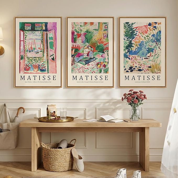 Framed Abstract Matisse Wall Art for Living room, Large 3 Pieces Colorful Landscape Canvas Artwork for Walls, Vintage Matisse Paintings Prints Pictures for Hallway Home Office, Total Size 30x60