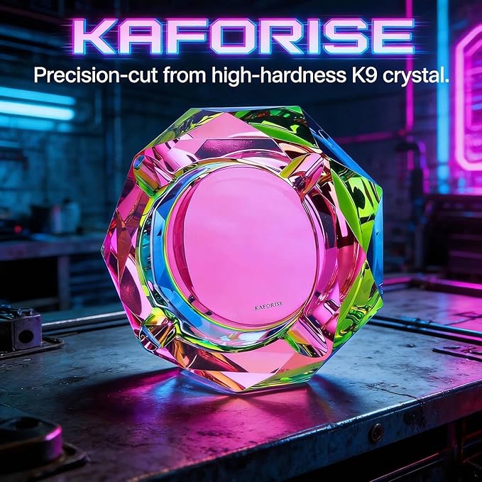 Kaforise Heavy K9 Crystal Ashtray for Cigarettes – Cool Color-Changing Glass Ash Tray for Outdoor Patio & Home Decor – Fancy Geometric Tabletop Accessories, Unique Luxury Gift for Men Smokers (02)