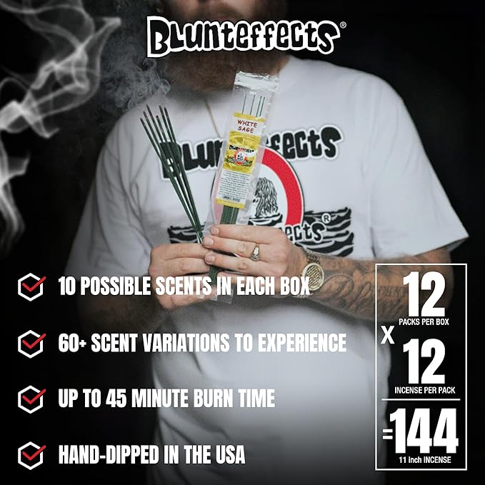 Blunteffects Hand-Dipped Incense Sticks - Premium 288-Pack Variety Set, 12 Different Scents, 11" Long, USA-Made Aromatherapy with Long Burn Time (12 Pack, 144 Total Sticks)