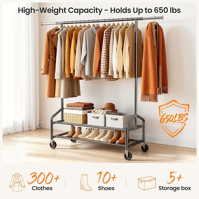Heavy Duty Clothes Rack, Rolling Clothing Rack for Hanging Clothes with 2 Sturdy Shelves Load 650 LBS, Metal Garment Rack with Wheels for Bedroom, Laundry Room, Retail Store, Black