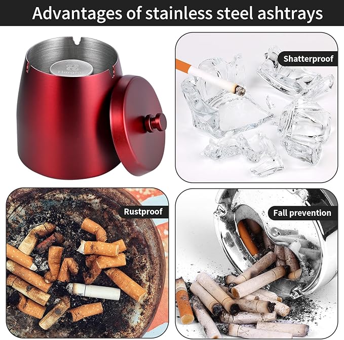 HARTAR Smokeless Ashtrays for Cigarettes Indoor, Ash Tray Sets Outdoor Windproof Cute Home Large Funny Metal Outside Ashtray with Lid for Cigarettes Butt Can for Outside Patio, Red, Small