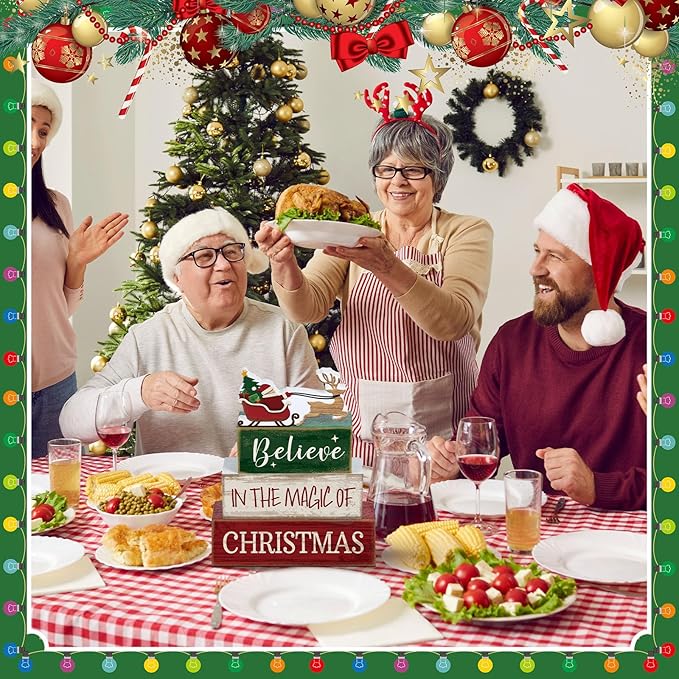 Lineshading 4 Pcs Summer Christmas Table Decoration Wooden Santa Claus Decor Christmas Tiered Tray Decor Decorative Santa Claus Elk Block Sign Gift Farmhouse Xmas Centerpiece for Home Kitchen Shelf
