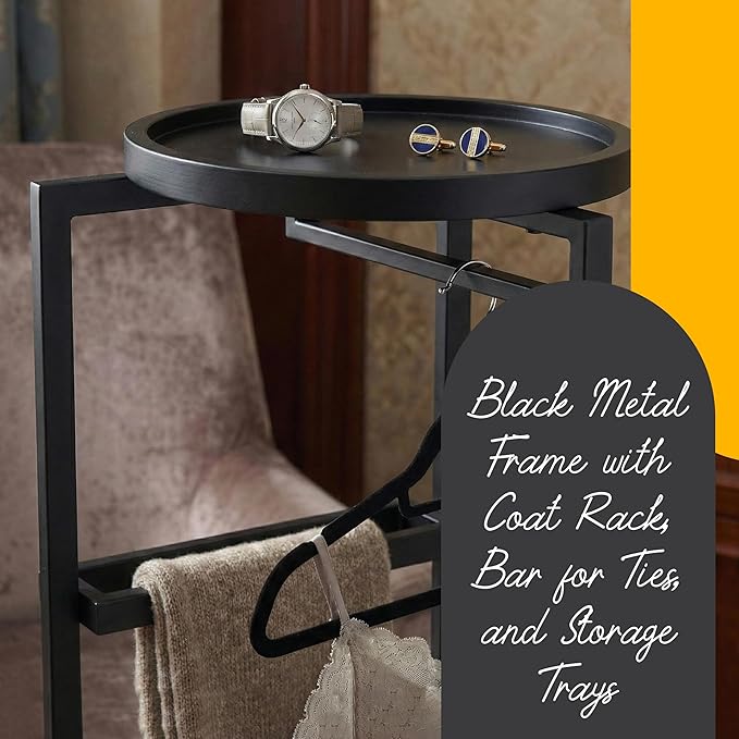 Kings Brand Furniture Suit Valet Stand, Coat Rack with Rods & Storage Trays - Tie Jacket Hanger, Freestanding Clothing Organizer Perfect for Bedrooms & Entryways, Black