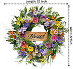 22 Inch Spring Summer Wildflower Wreath for Front Door, Colorful Floral Welcome Wreath with Blessed Sign Daisies Peonies for Wall Door and Porch Farmhouse Home Decor