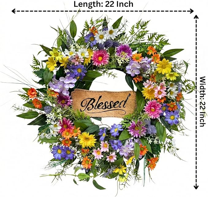 22 Inch Spring Summer Wildflower Wreath for Front Door, Colorful Floral Welcome Wreath with Blessed Sign Daisies Peonies for Wall Door and Porch Farmhouse Home Decor