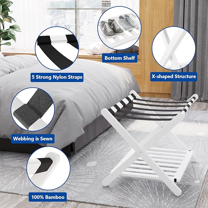Smuxee Fully Assembled White Luggage Rack Pack of 2, Bamboo Foldable Suitcase Stand with 5 Nylon Straps, Luggage Holder with Shelf for Guest Room Bedroom Hotel