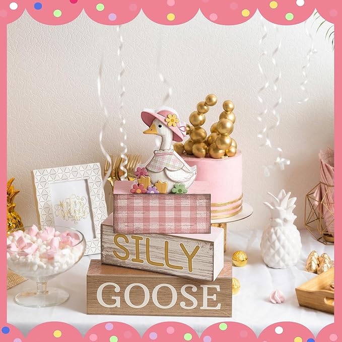 Yuntau 4 Pcs One Silly Goose Birthday Party Decoration Wood Silly Goose Table Sign Pink Baby Shower Tiered Tray Decor Tabletop Centerpieces for First Birthday Baby Shower Home Shelf Office