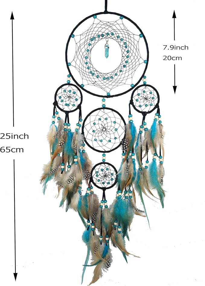 Bohemian 5 Rings Turquoise Dream Catchers with Turquoise Pendant Handmade Native American Style Wall Hanging Decor for Bedroom, Living Room, Boho Home Decor & Gift(Black 5 Rings)