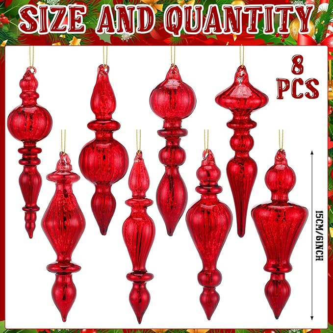 Mifoci 8 Pcs 6 Inch Mercury Glass Finial Christmas Ornaments Hanging Christmas Finials Glass Ornaments Assorted Mercury Decor for Vintage Holiday Xmas Tree Decoration(Red)