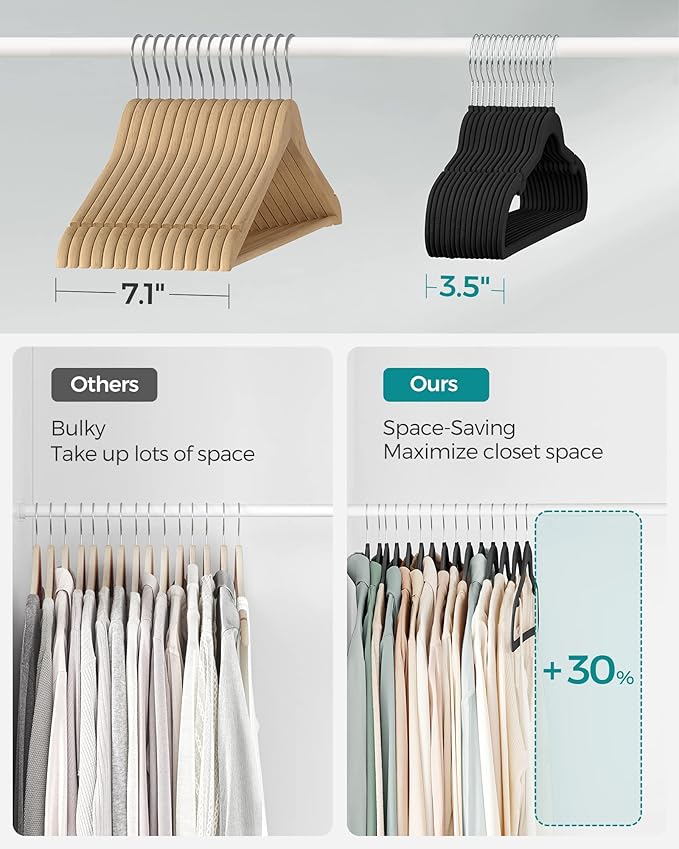 SONGMICS Velvet Hangers 60 Pack, Non-Slip Clothes Hangers with Shoulder Notches, Pants Bar, 360° Swivel Hook, Space-Saving, for Closet, Ink Black UCRF030B01
