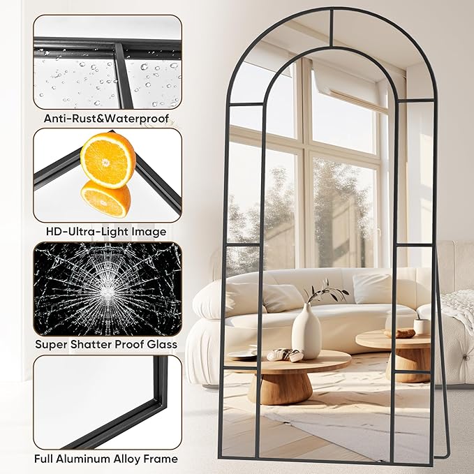 Antok 76" x 34" Full Length Mirror, Floor Mirror Arched Window Decorative Mirror, Metal Framed Decor Farmhouse Floor Mirrors Art Pane Mirrors Wall Decor for Bedroom, Living Room, Entryway Bronwn