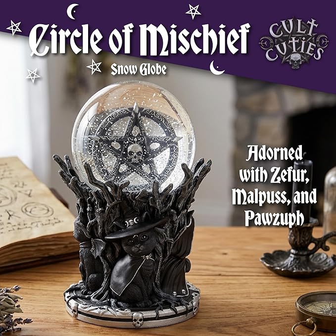 Nemesis Now Cult Cuties Circle of Mischief Snow Globe - Gothic Halloween Decor Indoor Figurine, Hand-Painted Resin Base, Glass Globe with Star Glitter, for Mom, Dark Fantasy Lovers