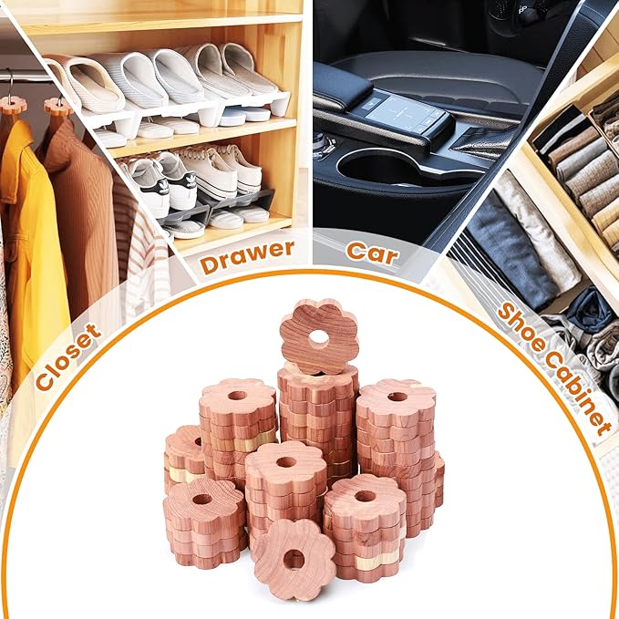 Homode Cedar Rings for Clothes Storage, 48 Pcs Cedar Blocks Cedar Chips for Closets and Drawers, Scented Flowers Cedarwood for Closets Closet Freshener