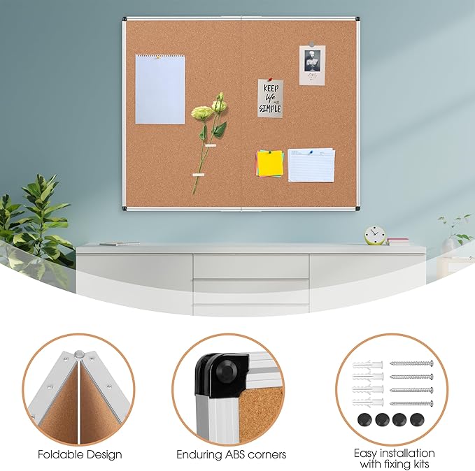 Extra Large Cork Bulletin Board 48" X 48", Foldable Notice Pin Board for Wall, Silver Aluminum Framed 4'x4' Corkboard, Wall Mounted Noticeboard with 36 Push Pins for School, Home & Office