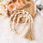 OMISHE Wood Bead Garland with Tassels 52 Inches, Octagonal Handmade Wooden Beads with Blue Acrylic Beads, Boho Wooden Beads Home Decor, Farmhouse Beads Garland for Tiered Tray Decor Beach Decor