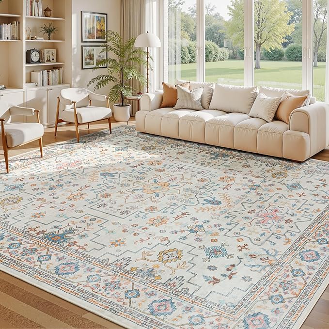 Lessymo Area Rugs 8x10 for Living Room, Soft Non-Slip Washable Rug for Bedroom Dining Home Office Nursery Room, Vintage Floral Large Carpet, Boho Colorful Pastel Farmhouse Decor, Multi/Ivory