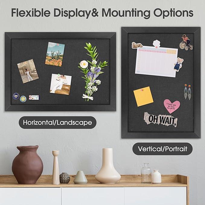 AKTOP Black Cork Board Bulletin Board with Linen 18" X 24", Large Framed Corkboard for Wall, Hanging Pin Board Picture Board for Home Office Decor, Cute Vision Board with Pushpins