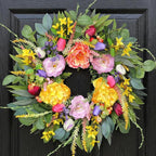 Chrisxiao 24 Inch Spring Summer Wreath for Front Door, Eucalyptus Wreaths with Peony, Tulip & Eucalyptus Leaves,Summer Wreath for Home Farmhouse, Outdoor, Porch, Wall Window Decor All Year Round