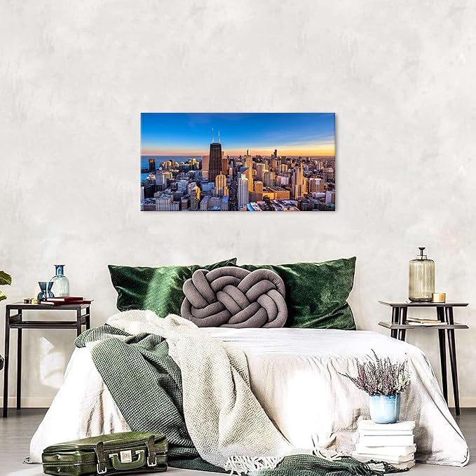 AIYISU Sunset Chicago Wall Art USA City Wall Decor Chicago Skyline Picture Center Cityscape Canvas Prints Painting Modern City Skyscraper Poster Artwork for Bedroom Living Room Home Decoration 20x40”