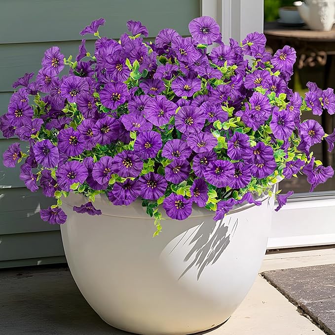 Artificial Flowers for Outdoor Decoration, 12 Bundles Fake Plastic Flower Plant, Faux Colorful Silk Morning Glory Eucalyptus for Outside Spring Summer Garden Porch Front Door Decor, Dark Purple