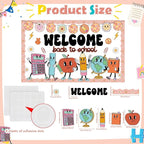 Pajean Welcome Back to School Bulletin Board Set Hippie Retro Classroom Decorations Cute Stationery Apple Cutouts with Groovy Daisy Borders for First Day of School Library Decor Office Supplies