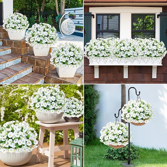 MARTINE MALL 24 Bundles Look Real Artificial Flowers for Outdoors, Realistic Fake Outdoor Flowers, UV Resistant Silk Petunia Flowers for Outside Faux Flowers Plants for Outdoor Porch, White