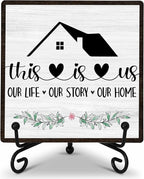 Welcome Home Sign, Home Kitchen Decor and Accessories, This Is Us Sign, Farmhouse Wooden Plaque with Iron Stand for Living Room Bedroom Table Shelf Decor-A18