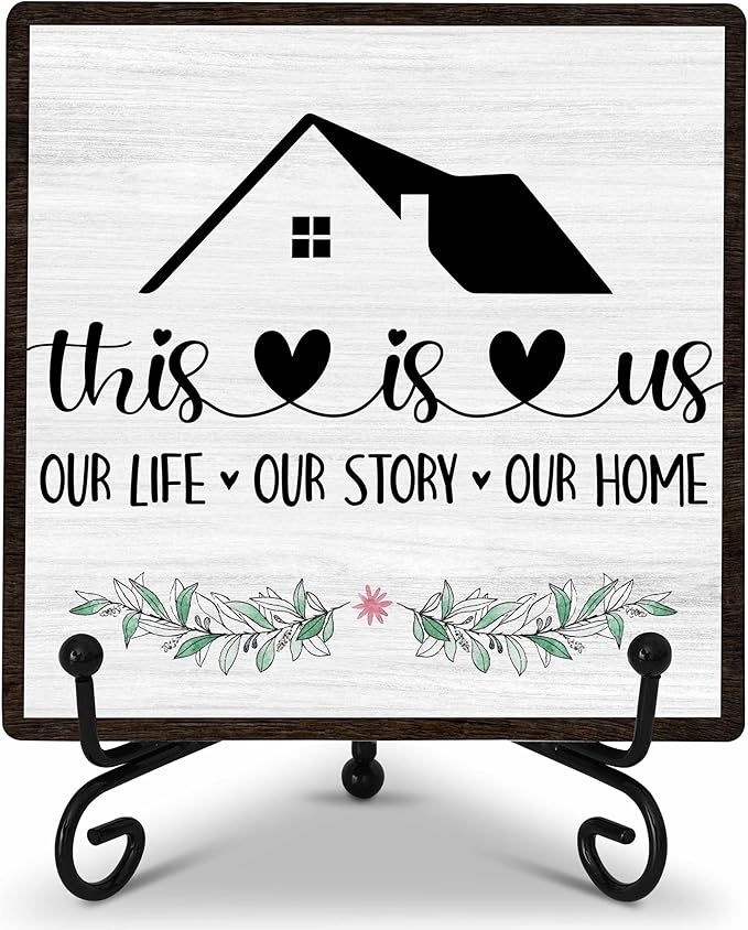 Welcome Home Sign, Home Kitchen Decor and Accessories, This Is Us Sign, Farmhouse Wooden Plaque with Iron Stand for Living Room Bedroom Table Shelf Decor-A18