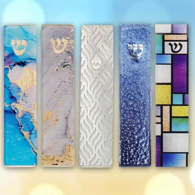 Rite Lite Blue Pebbled Glass Art Mezuzah Cover Handcrafted with Silver Accents, Gradual Blue Color Design – Elegant Home Decor, Easy Mounting Tape for Hanging on Door or Wall, Art for Your Entryway