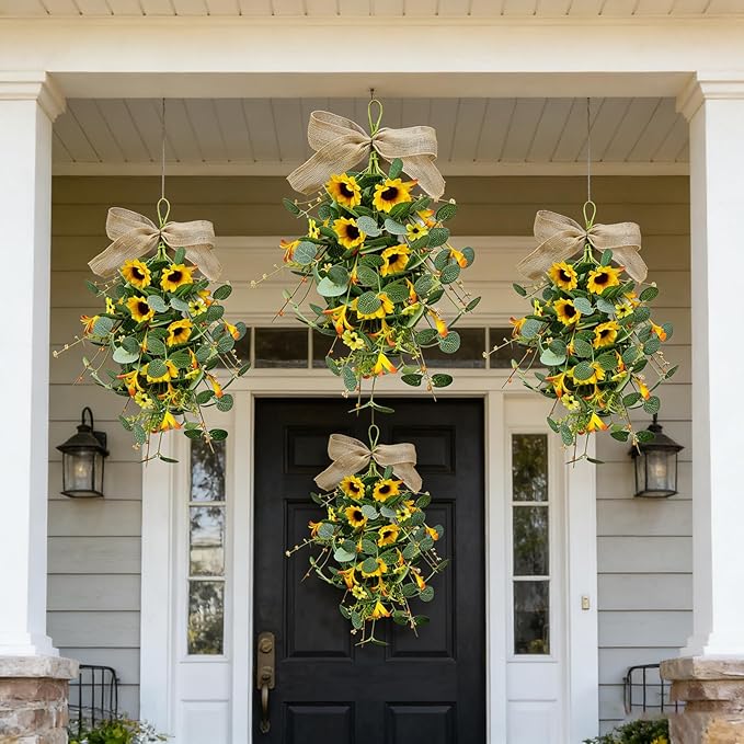 2 Pack 21'' Summer Sunflower Swag Wreaths for Cabinets Artificial Yellow Daisies Flower Teardrop Wreath with Orange Berry and White Sprigs Floral Wreath for Farmhouse Front Door Porch Window Wall